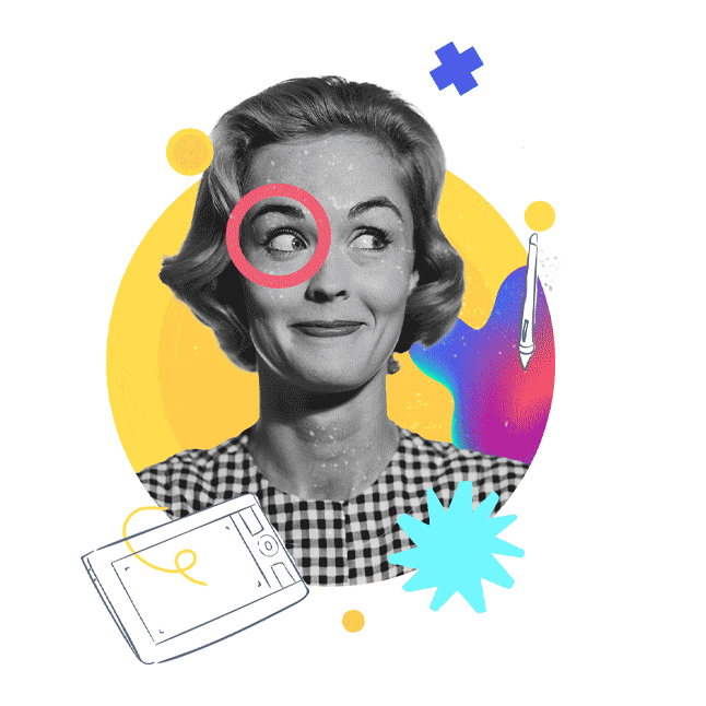 Animated collage featuring a black-and-white vintage portrait of a smiling woman with playful graphic elements