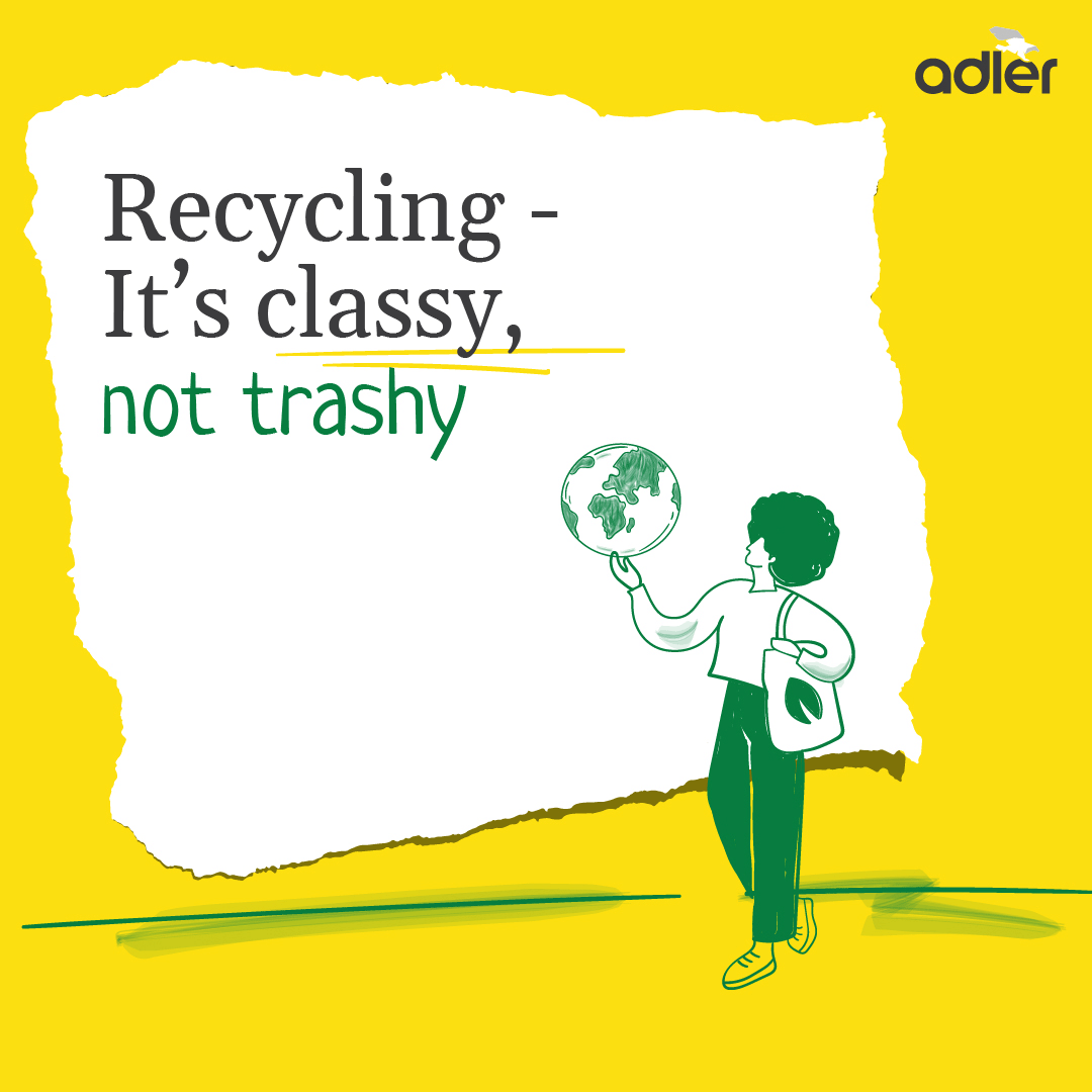 Illustration of a person holding the Earth and a recycling bag, with the text Recycling
