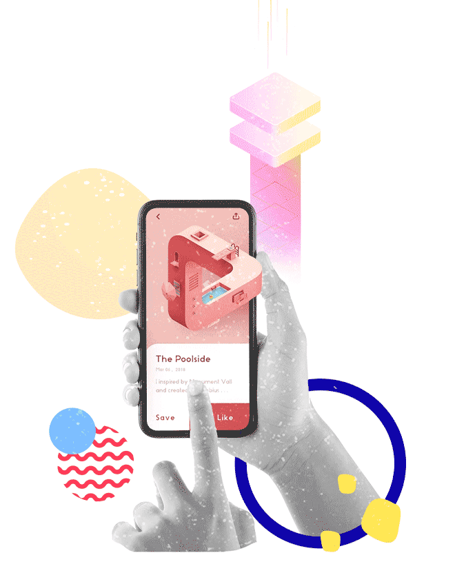 A smartphone held in a hand, set against a striking red and pink backdrop, Boch & Fernsh's innovative branding